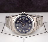 Rolex Date 34mm Ladies Blue Motif Diamond Dial Oyster Steel Watch 15000
